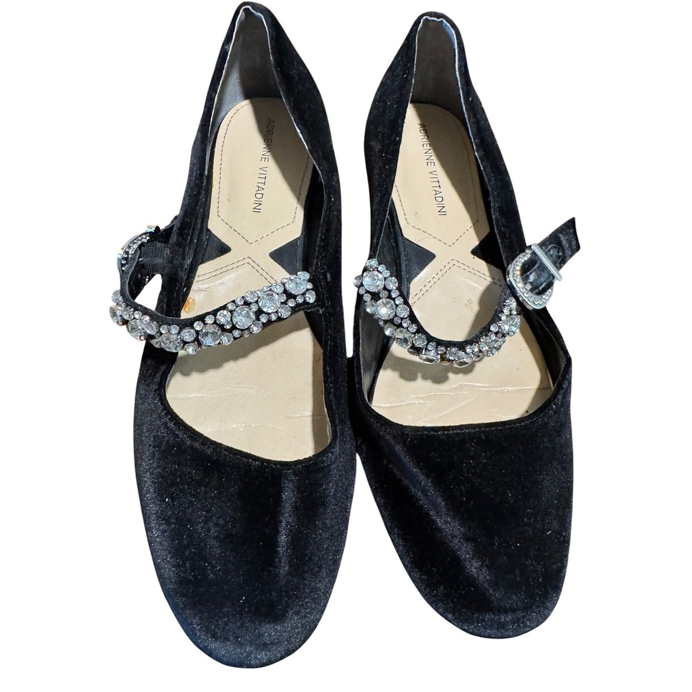 Adrienne Vittadini Aronni Black Velvet Rhinestone Mary Jane Flats Size 7.5/8